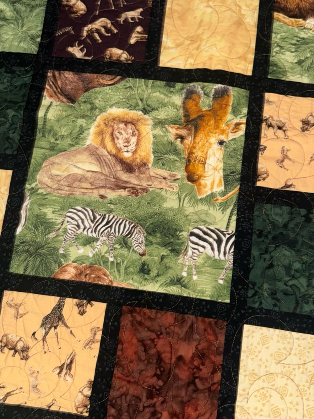 Safari Patchwork Quilted Throw - Green, Tan, Brown - Picture 5 of 9
